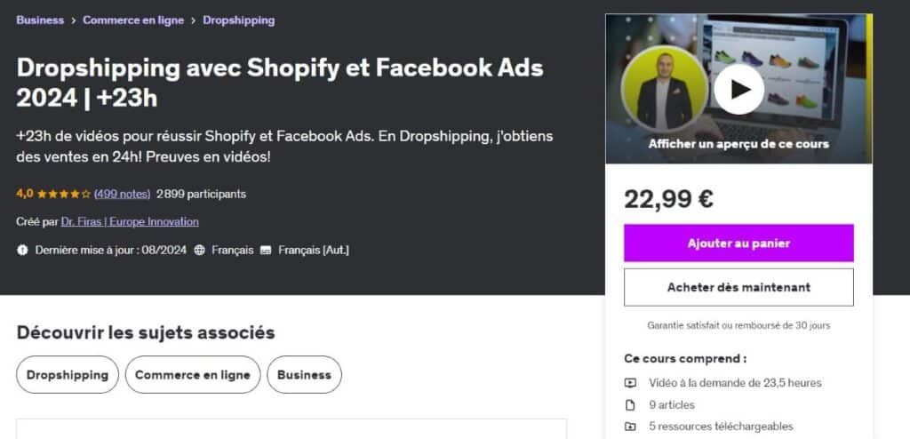 interface dropshipping avec shopify et facebook ads 2024 +23h