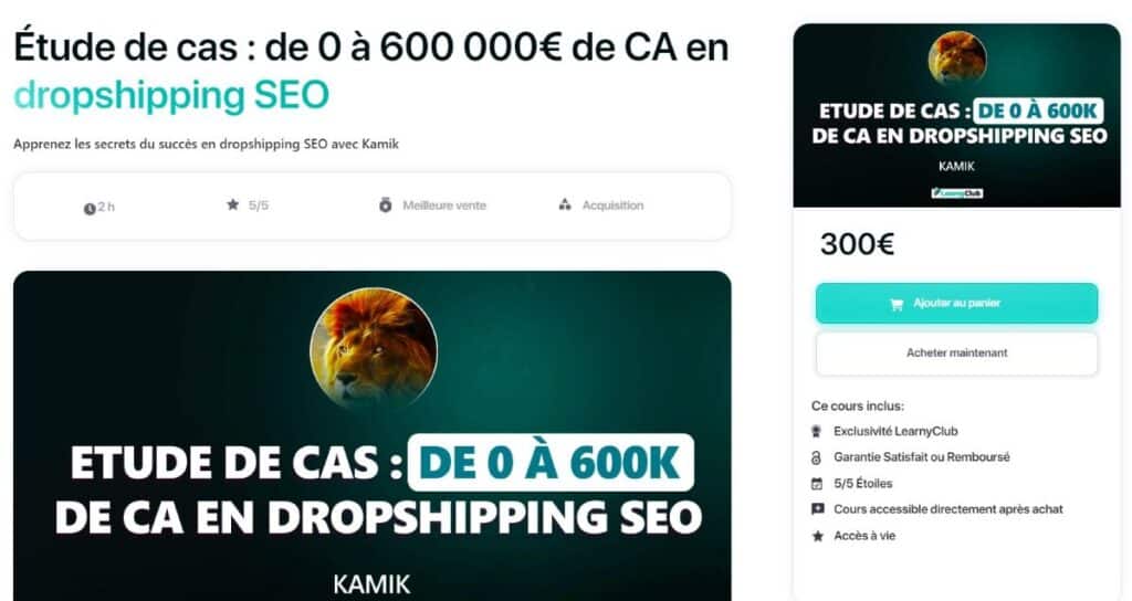 interface Étude de cas de 0 à 600 000€ de ca en dropshipping seo