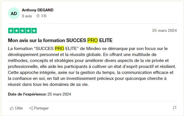 avis 1 utilisateur success pro